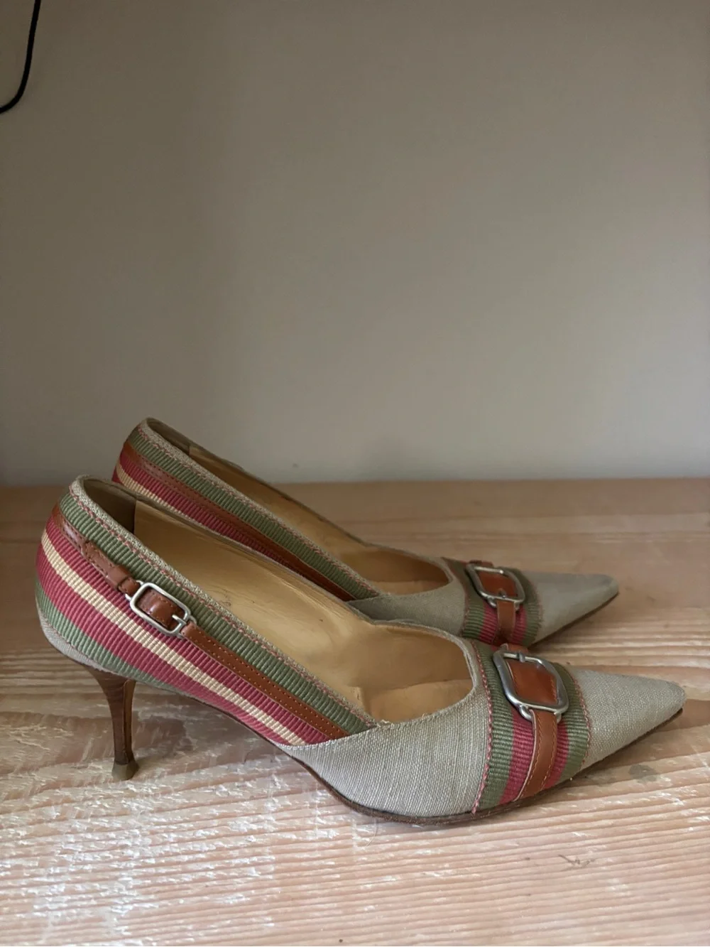 Cole Haan Pointed-Toe Pumps in Beige with Green & Red Stripes
